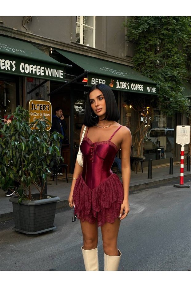Women's Burgundy Strappy Satin Corset Skirt with Lace Shorts Mini Dress Ely-1000650030