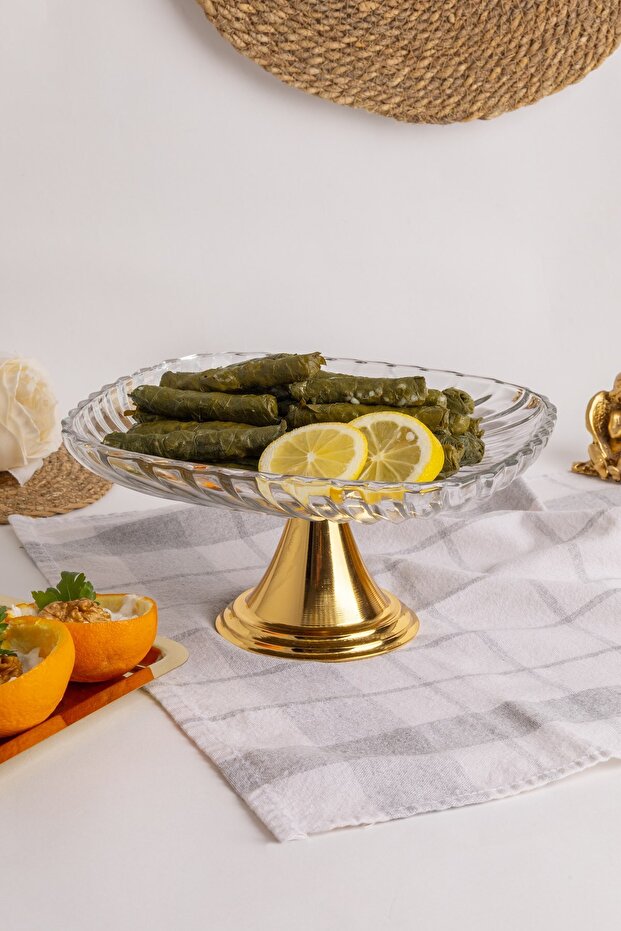 Gold Footed Square Glass Presentation Bowl, Wrapping, Stuffed, Salad, Fruit, and Cake Presentation Stand, Dowry Bowl