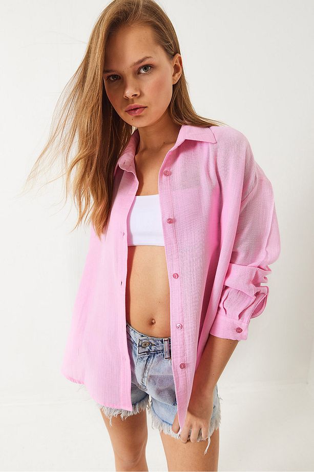 Kadın Oversize Uzun Kollu Müslin Basic Gömlek 34363 60282004 - 6