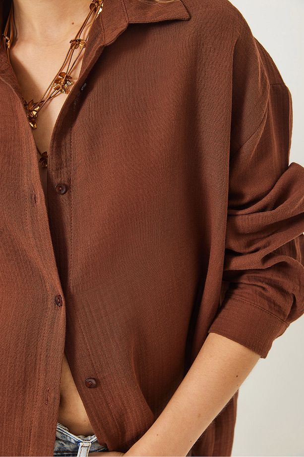 Kadın Oversize Uzun Kollu Müslin Basic Gömlek 34363 60282004 - 6