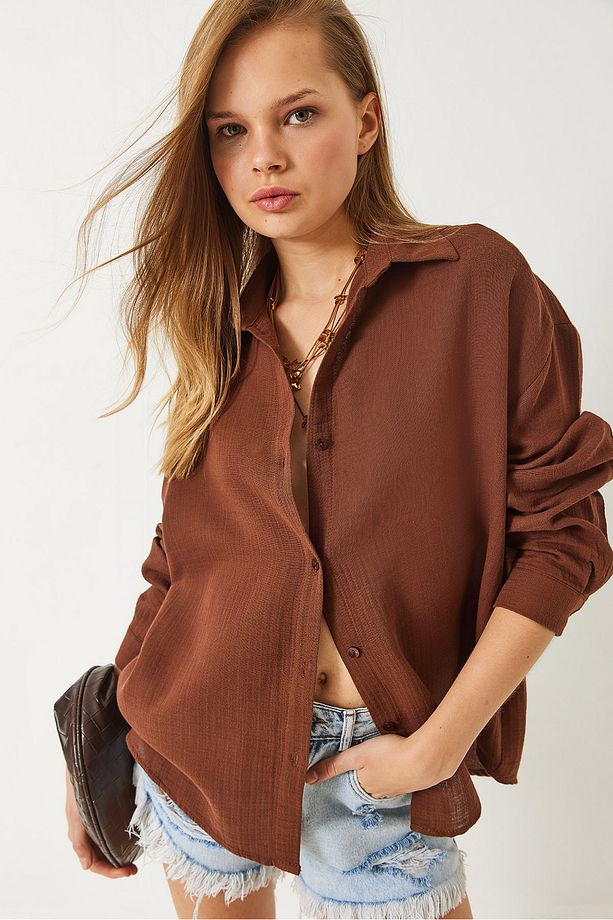 Kadın Oversize Uzun Kollu Müslin Basic Gömlek 34363 60282004 - 5