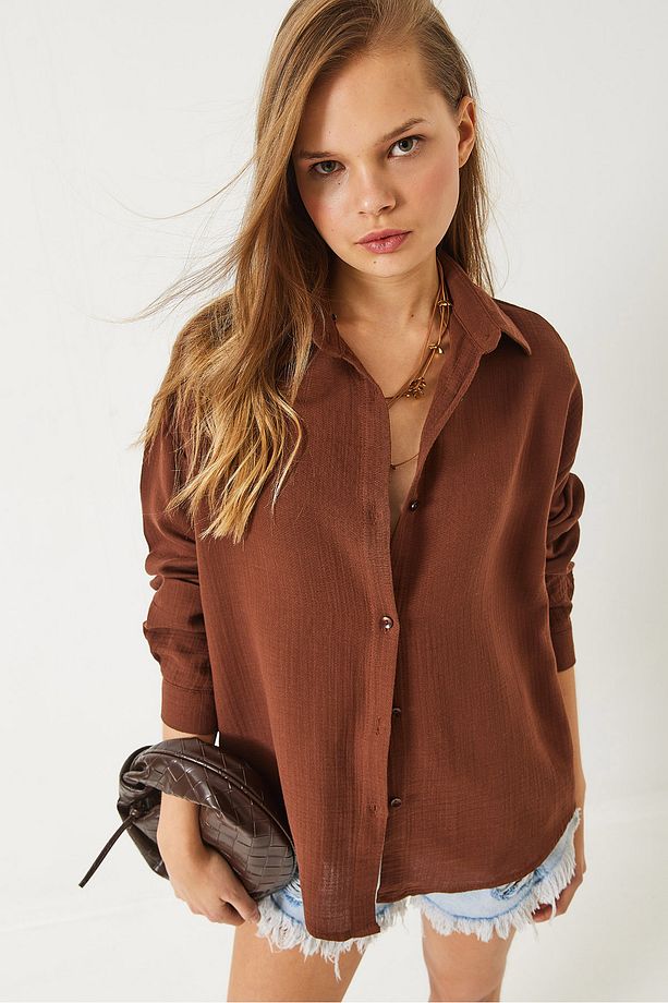 Kadın Oversize Uzun Kollu Müslin Basic Gömlek 34363 60282004 - 2