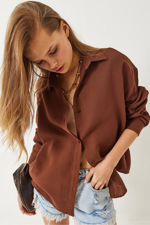 Kadın Oversize Uzun Kollu Müslin Basic Gömlek 34363 60282004 - 4