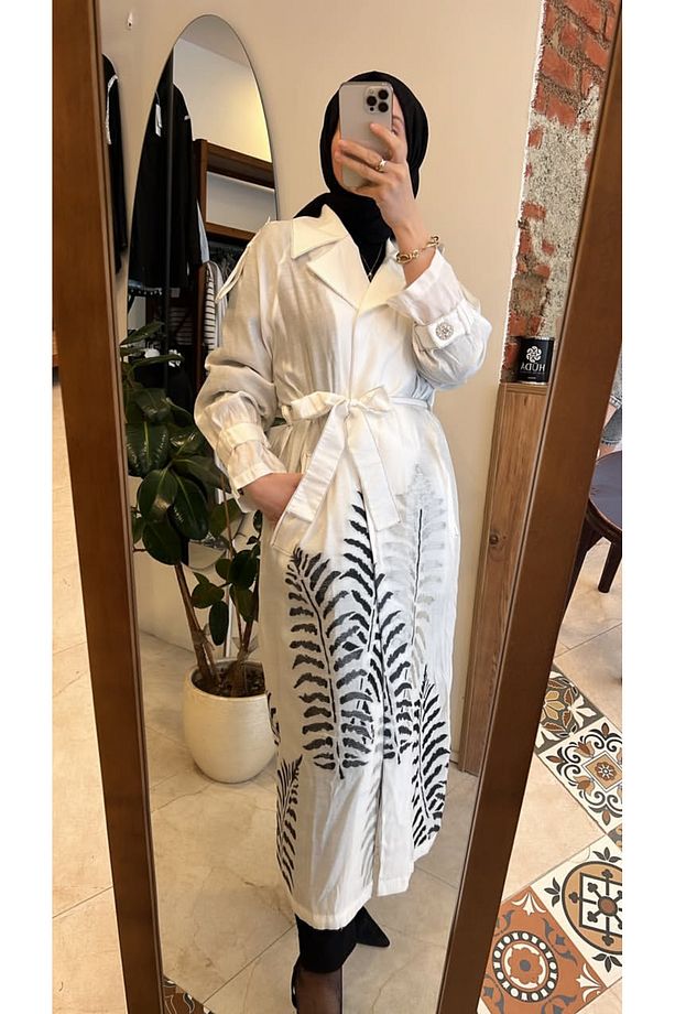 Yaprak desenli trenç ekru - 1