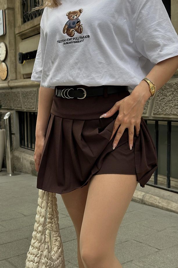 Kemerli Pilise Şort Etek Kahve - 3