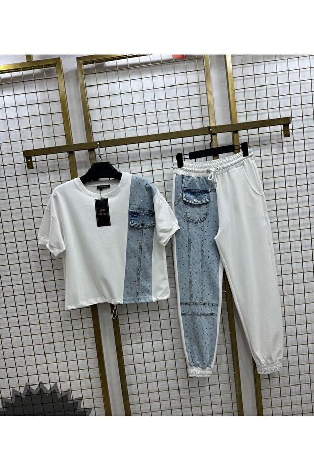 White Stone Denim Detail Tracksuit Set-42