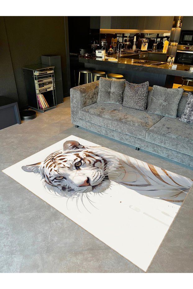 Kemal Collection Abstract White Tiger Patterned Woven Base Creative Modern Decorative Carpet 52