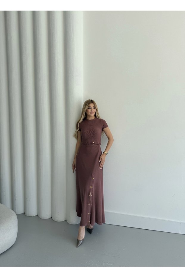 Buketli̇ Women Waist Full Lap Yellow Snap Detailed Snap Slit Short Sleeve Maxi Length Ottoman Dress