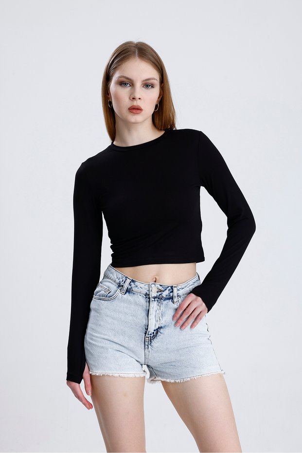 Women's Crop Black Finger Detailed Blouse
