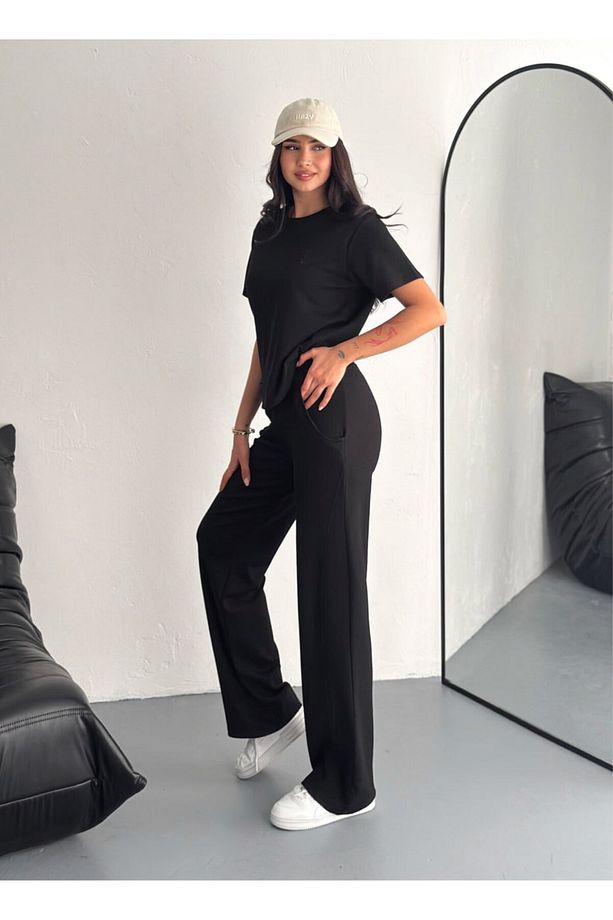 Kadın Modal Kumaş Bisiklet Yaka Tshirt Eşofman Takımı - 1