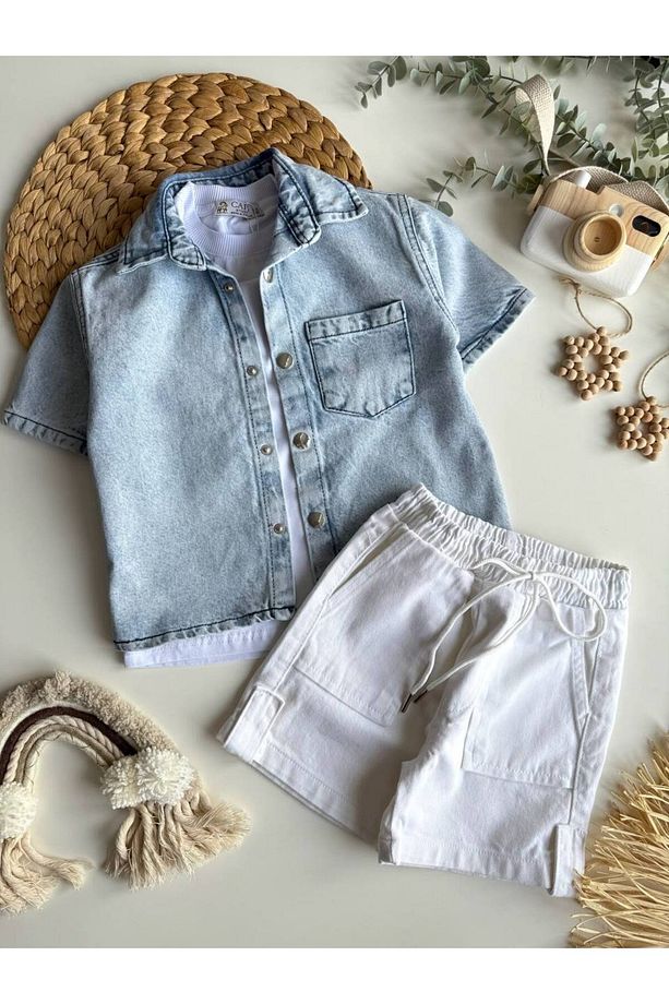 Erkek Çocuk Denim Gömlek Denim Şort Alt Üst Takım - 3