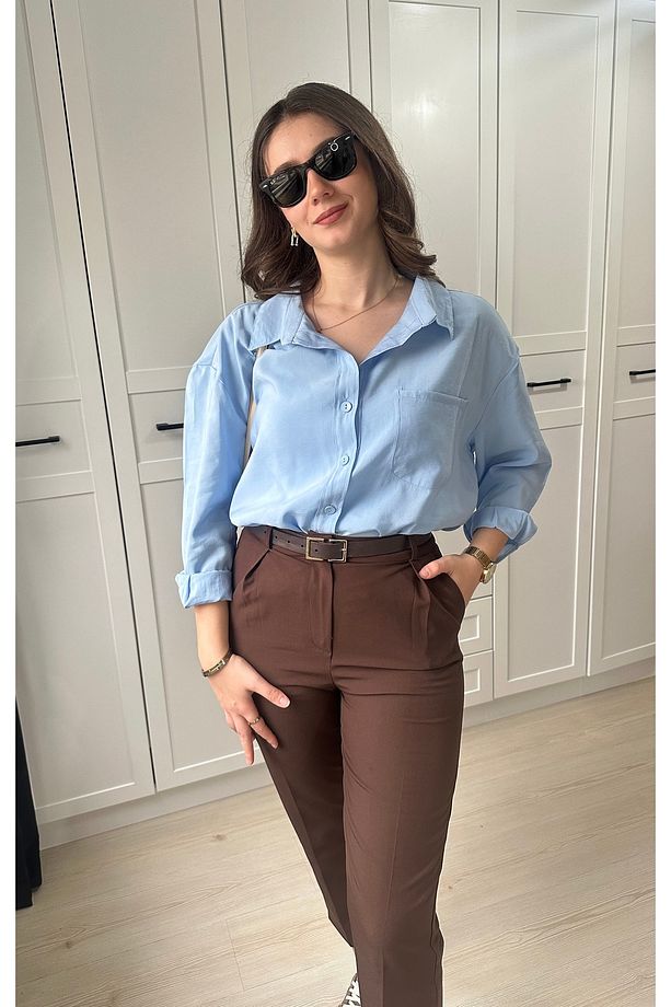 Bebe mavisi oversize kumaş gömlek - 1