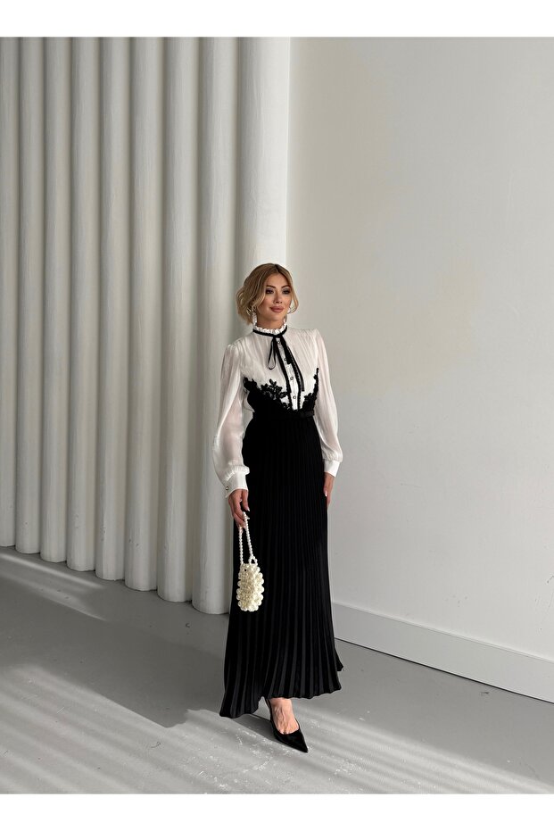 Kadın Şifon Kumaş Varak Baskı Detaylı Piliseli Astarlı Şık Elbise - 4