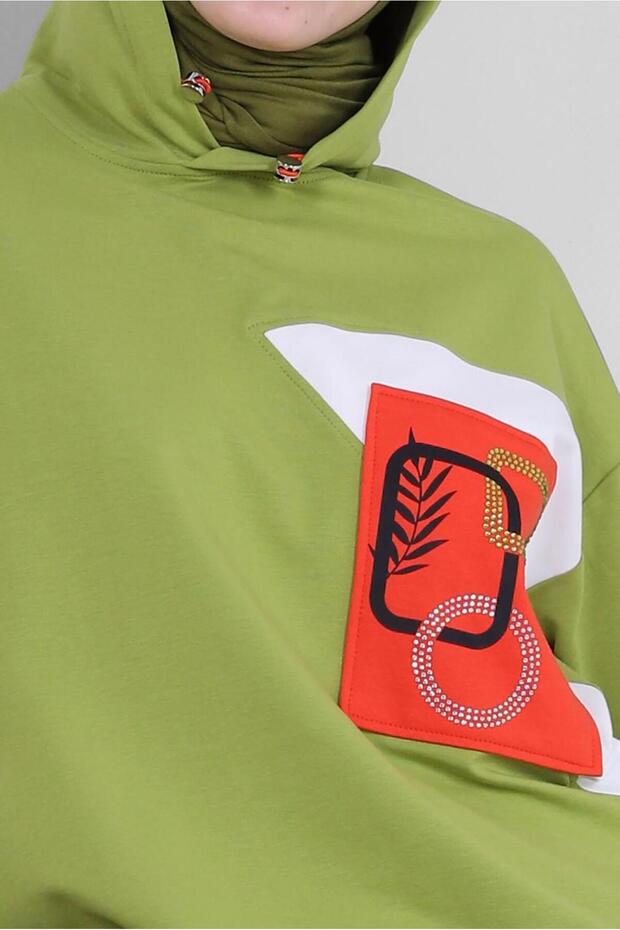 BASKI DETAYLI KAPÜŞONLU EŞOFMAN TUNİK 43622 - 4