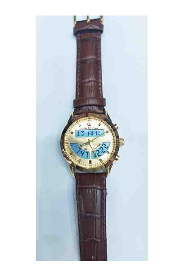 ساعة الصلاه الاسلاميه توقيتين جلد ذهبي - 1