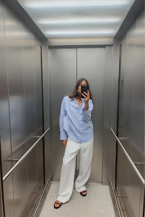 Açık Mavi Çizgili Over Fit Gömlek - 6