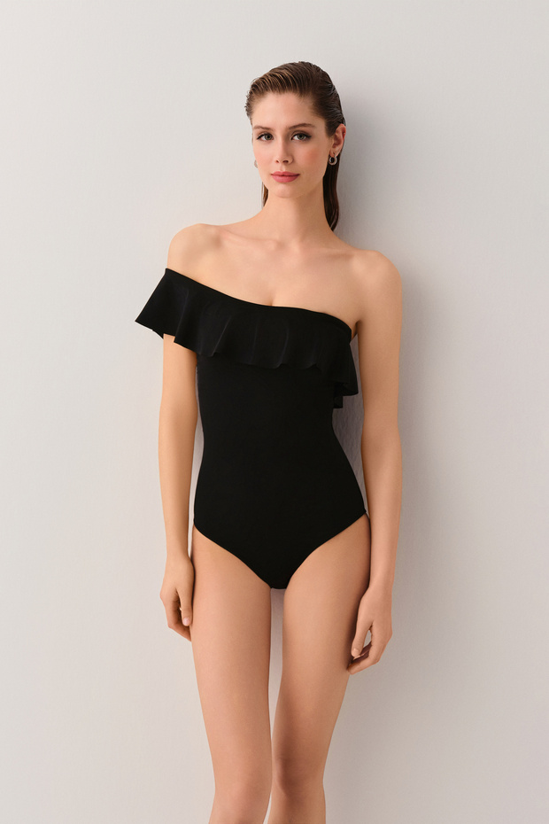 One-Shoulder Black Flounce Swimsuit