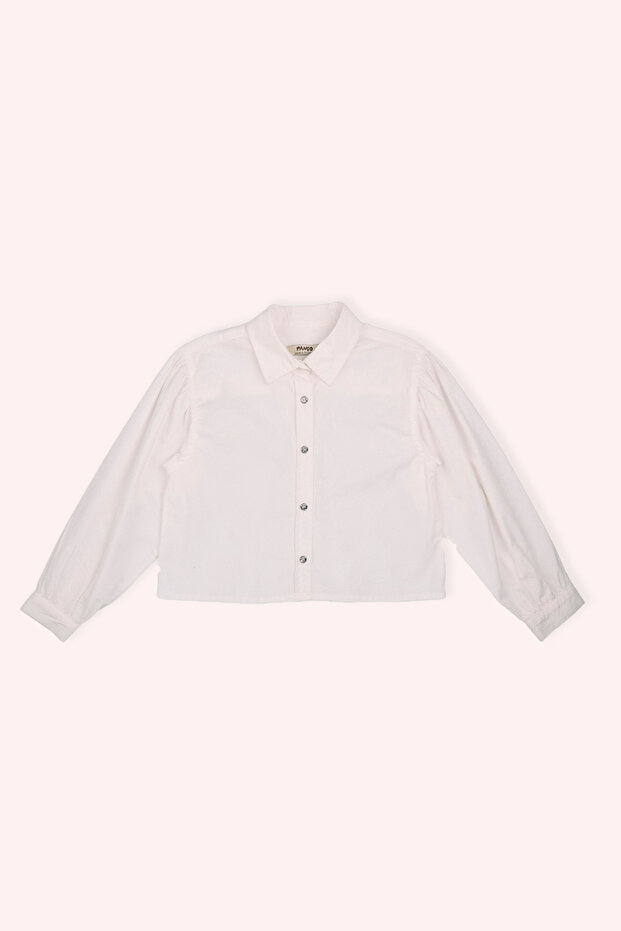 Girl's Ecru Shirt with Shirred Sleeves and Buttons