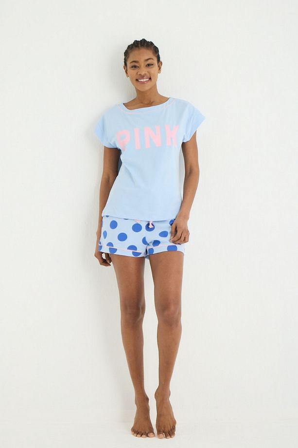 Puantiye Detaylı Baskılı Şort Pijama Takımı - 2