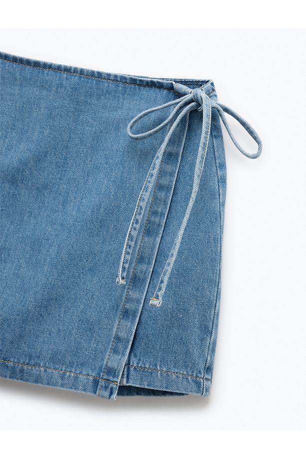 Pamuklu Bağlama Detaylı Mini Denim Şort Etek - 6