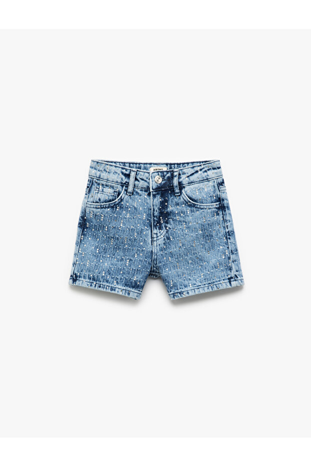 Denim Shorts with Cotton Pocket and Stone Detail