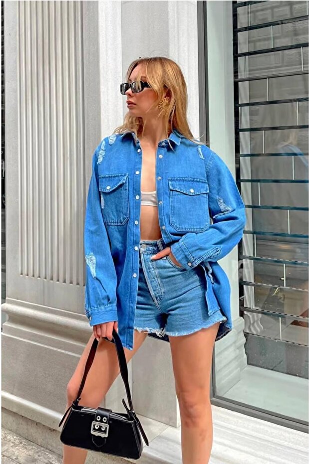 Women's Laser Detailed Denim Shirt