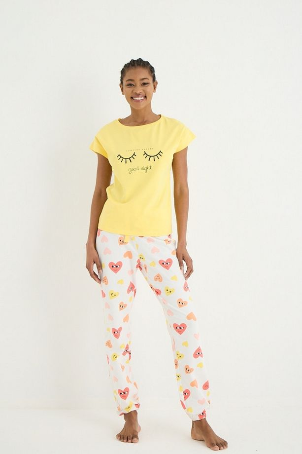 Kalp Desenli Paça Lastikli Baskılı Pijama Takımı - 2