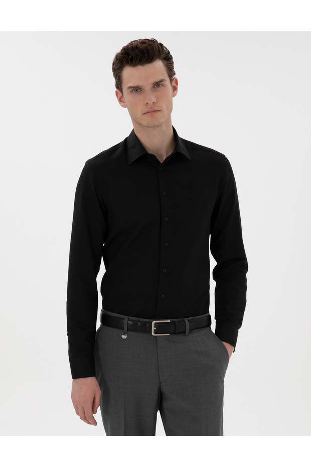 Black Italian Collar Dobby Long Sleeve Shirt 50303375-Vr046