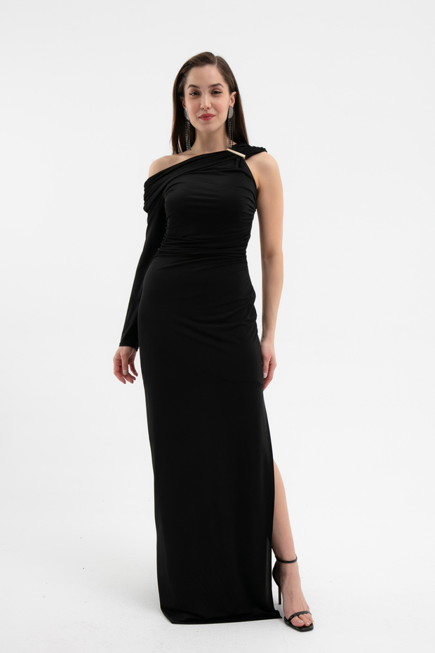 Women's Black Accessory Detail Long Dress