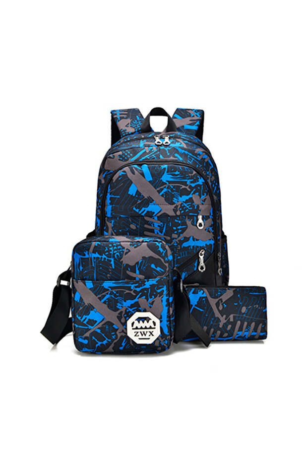 حقيبة ظهر زرقاء كبيرة السعة مكونة من 3 قطع - 1