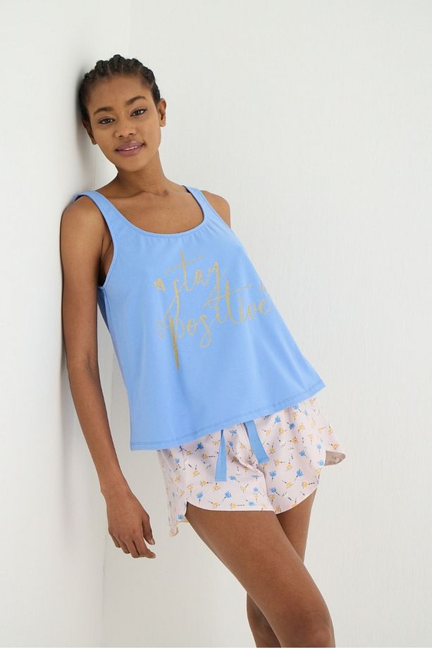 Baskılı Asimetrik Kesimli Şort Pijama Takımı - 3