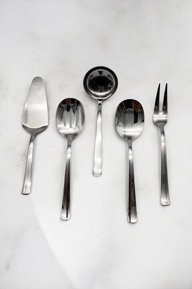 5 Piece Stainless Steel Silver Colander, Ladle, Shovel, Fork, Spoon Serving Set - Dowry Box