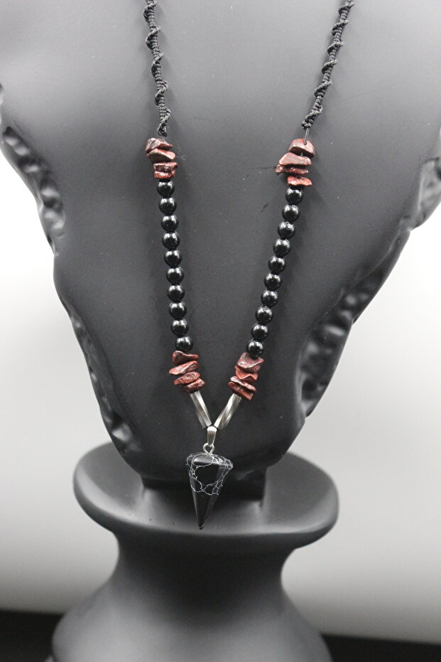 Obsidian and Red Garnet Natural Stone Handmade Special Design Necklace