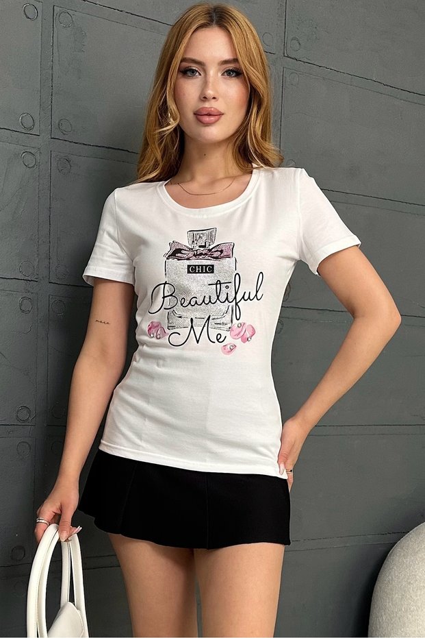 Perfume Printed Crystal Stone Large Size Short Sleeve Stylish Comfortable Cotton Women's T-Shirt T-Shirt