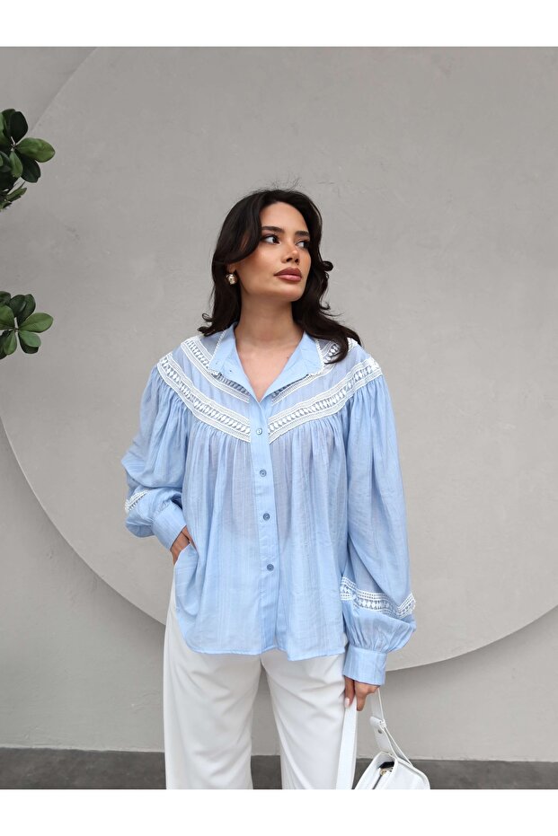 Dantel Detaylı Oversize Gömlek - 4