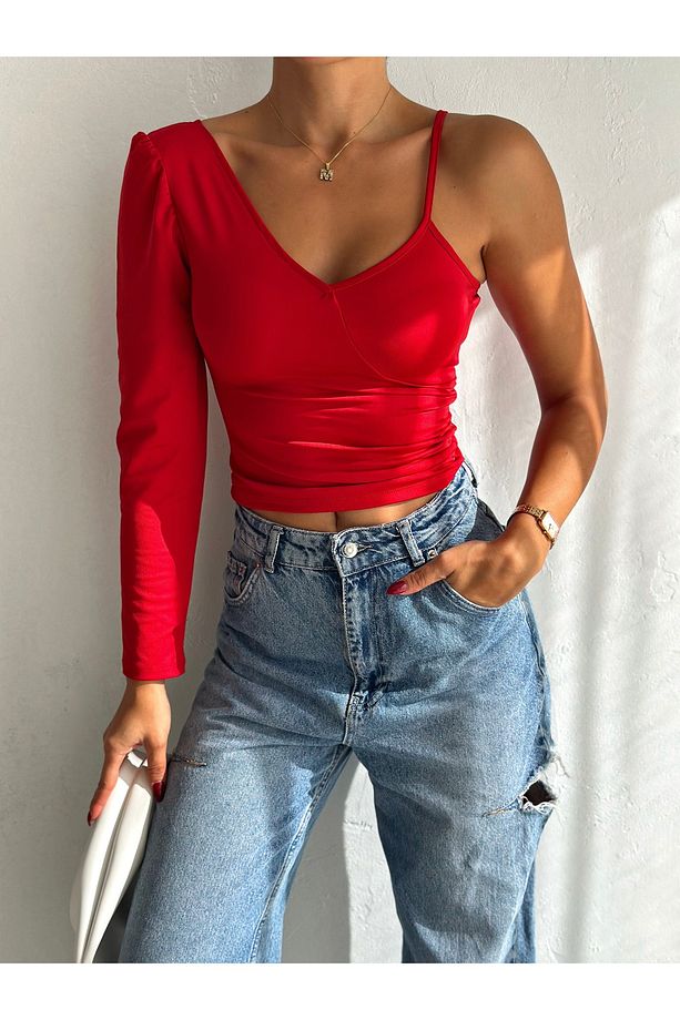Kadın Kırmızı Tek Kol Askılı Dalgıç Kumaş Crop Bluz - 5