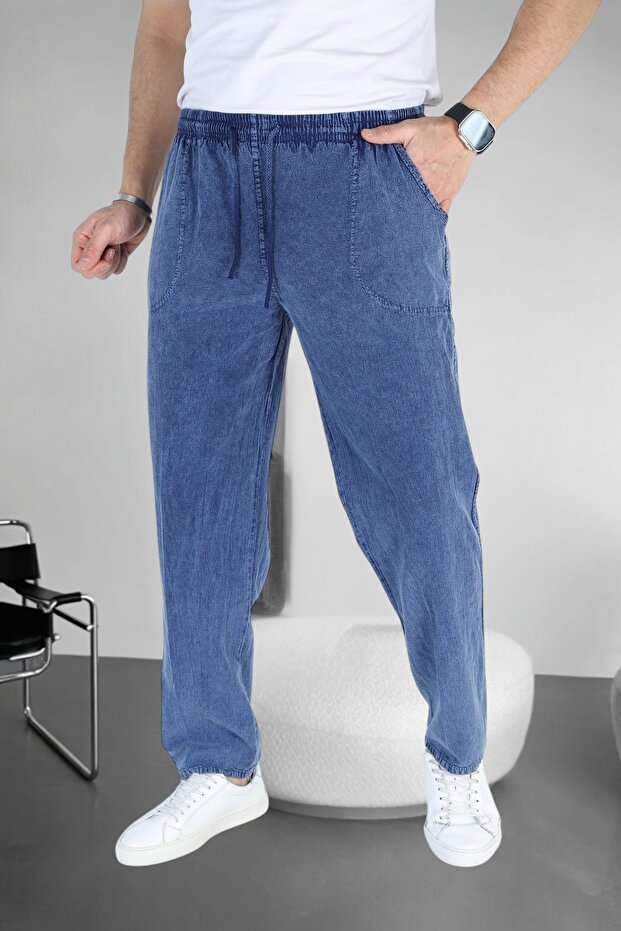 Linen Trousers Hambez Bottom Sweatpants Comfortable Fit Large Size Raw Linen Unisex Relaxed Size Range M-6Xl (Denim Blue)