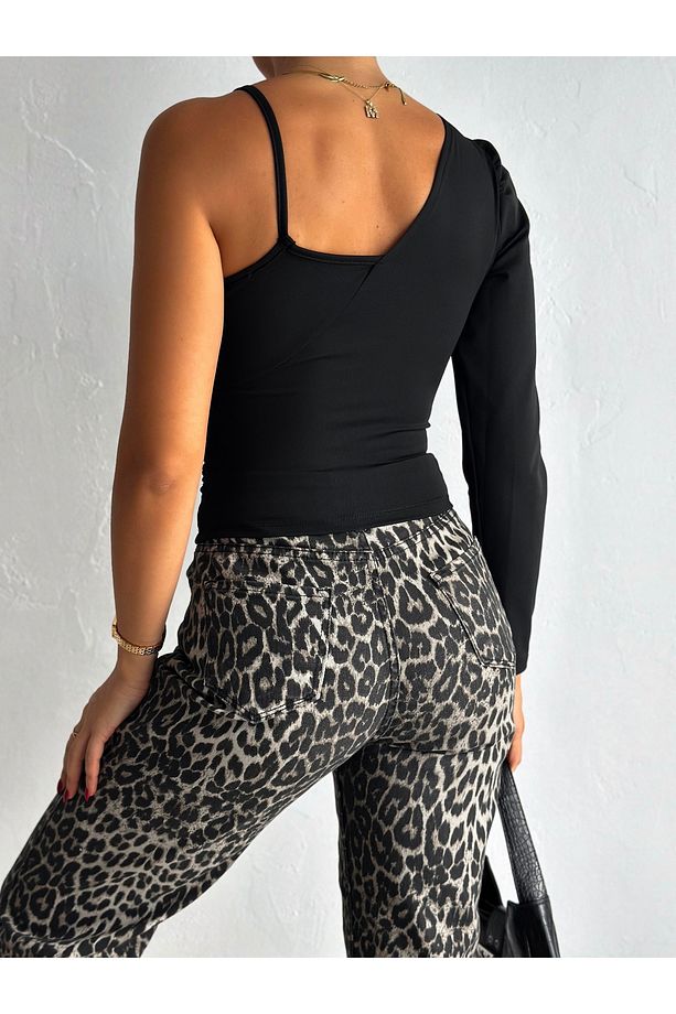 Kadın Siyah Tek Kol Askılı Dalgıç Kumaş Crop Bluz - 3