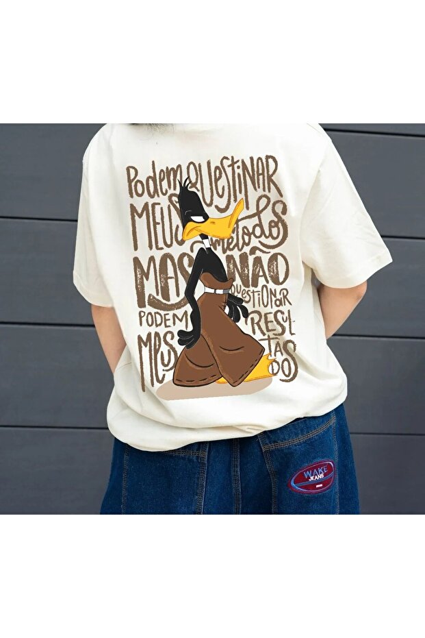 Duck Special Design New Season Front/Rear Printed Oversize Beige T-Shirt
