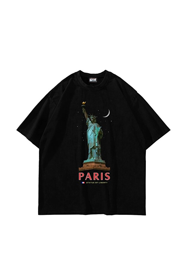 Paris State of Liberty Printed Oversize Unisex Black Tshirt