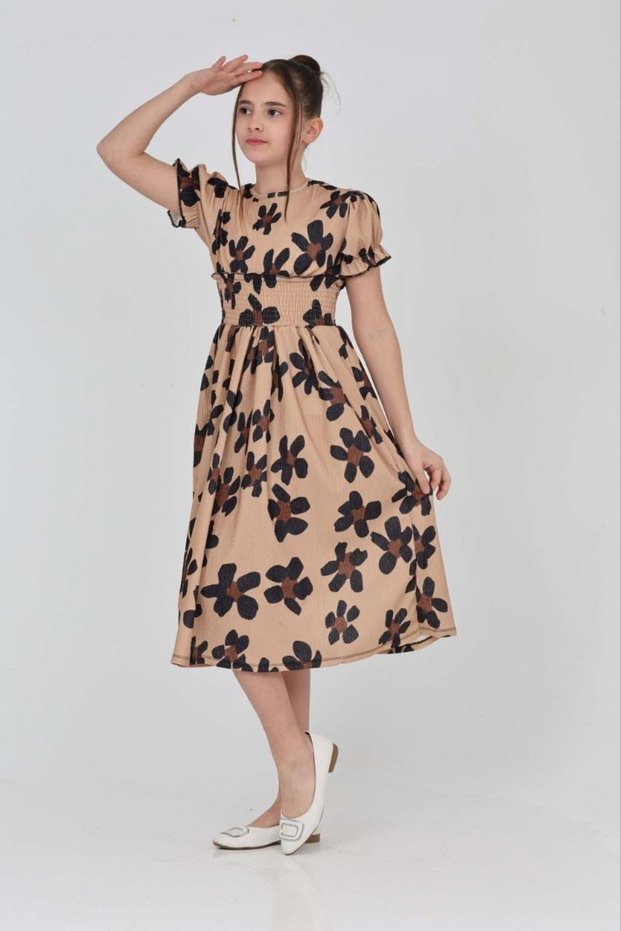 Girl's Floral Patterned Waist Detail Long Dress