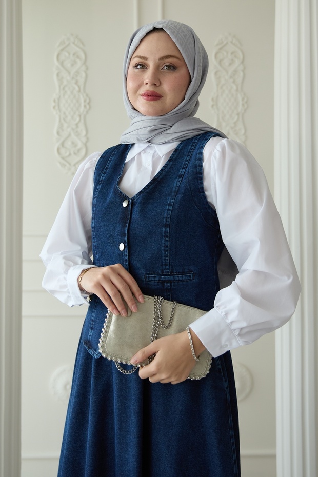 Yelekli Etekli Mavi Üçlü Kot Takım - 4