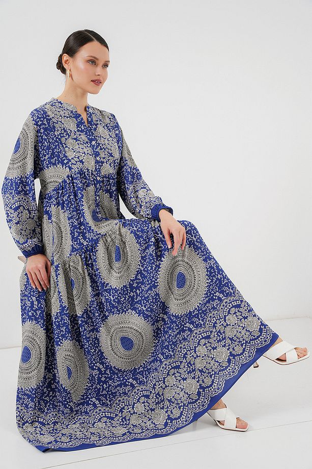 2423 Otantik Desenli Tesettür Elbise - Saks 4 - 2
