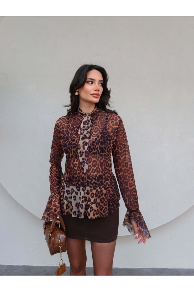 Transparent Tulle Shirt with Scarf Collar