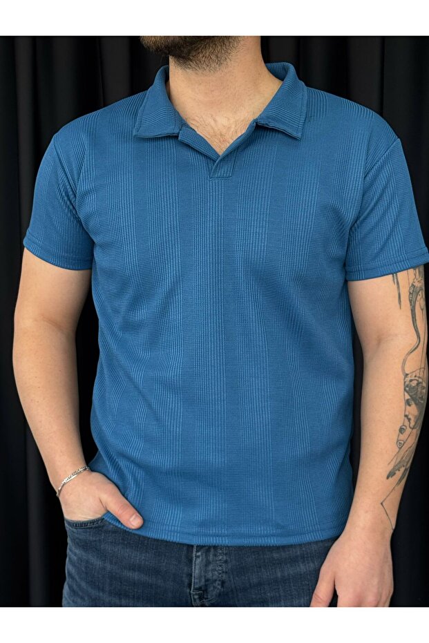 Men's Indigo Honeycomb Polo Neck T-Shirt