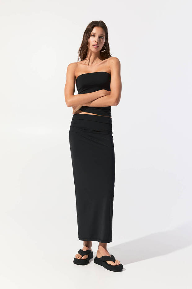 Büzgülü poliamid midi etek - 2