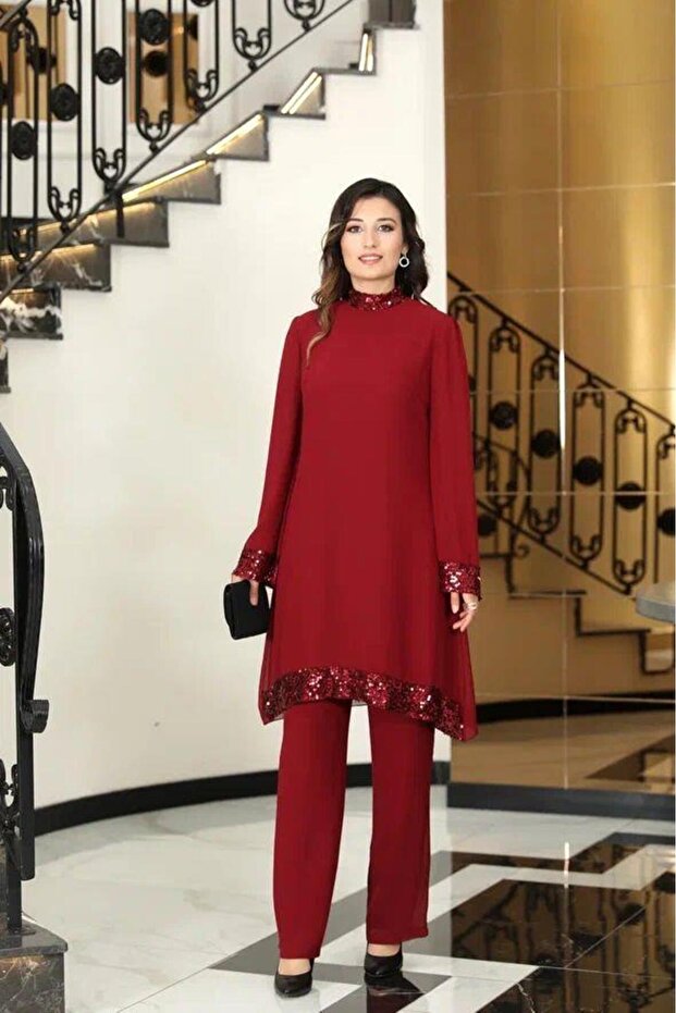 Umay Chiffon Tunic Pants Set Burgundy Elb68