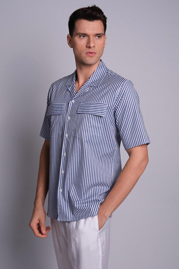 Men's Navy Blue Short Sleeve Striped Shirt with Flap Pocket