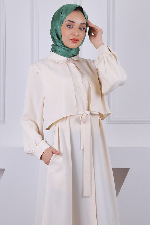 Taş Cepli Bel Kuşaklı Elbise - 4