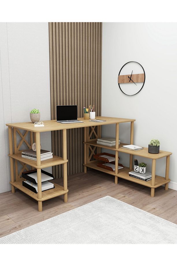 Legno Çalışma Masası: Minimalist Mdf, Ahşap Ayak Ve Yazıcı Rafı - 3